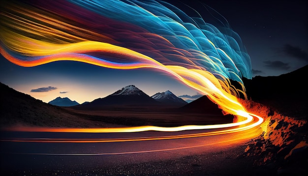 Photo mountain landscape curves night motion outdoors blue travel generative ai