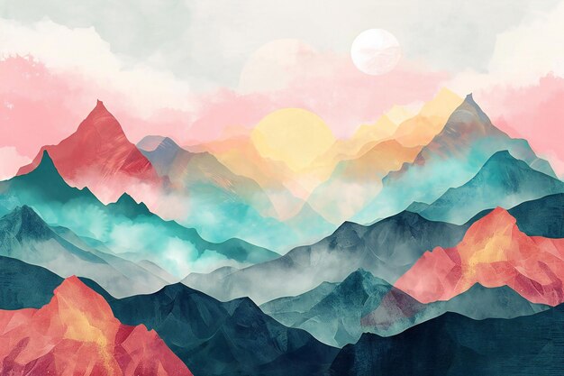 Photo mountain landscape digital watercolor painting mountain peak in the clouds