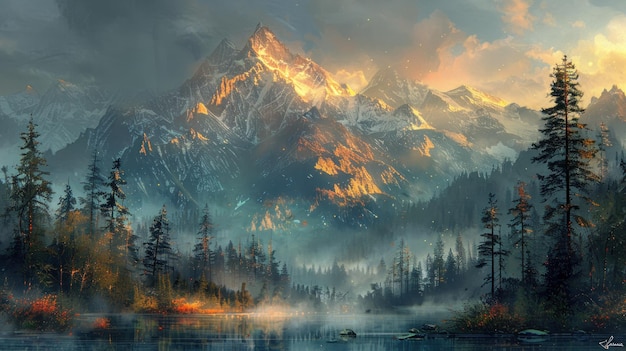 mountain landscape at dusk with lake and forest