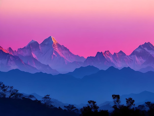 Mountain landscape in the evening light blue mountain silhouettes at pink sunset and red sunset