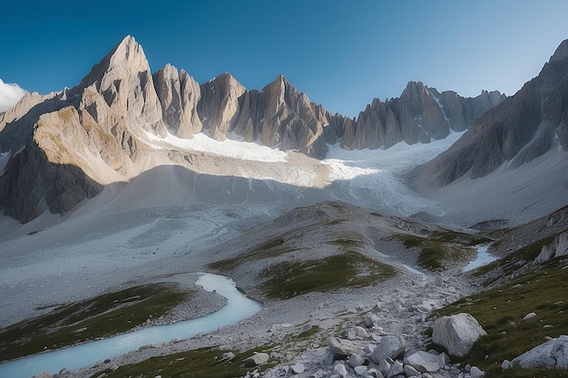 Mountain landscape on the french alps massif des ecrins scenic rocky mountains at high altitude with glacier