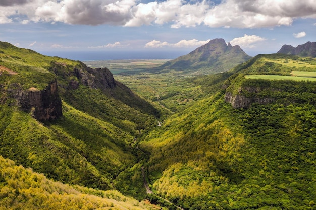 Mountain Landscape of the gorge on the island of Mauritius, Green mountains of the jungle of Mauritius.