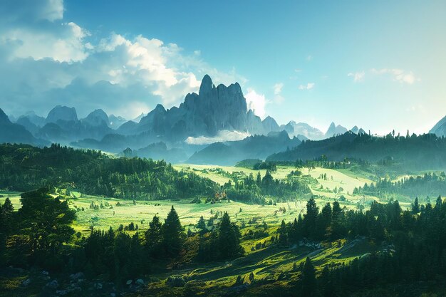 Mountain landscape green field trees and firs under a blue sky with fluffy clouds 3d illustration