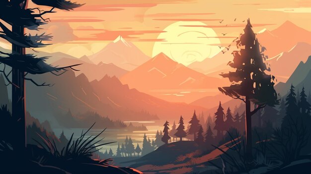 Mountain landscape illustration Mountain with moon background