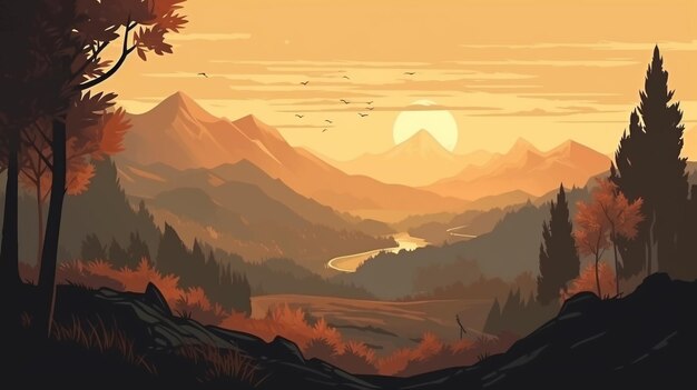 Mountain landscape illustration Mountain with moon background