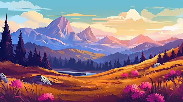 Иллюстрация горного пейзажа Гора на фоне луны