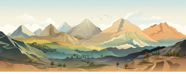 A mountain landscape illustration with mountains and trees