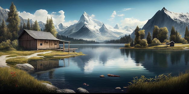 山の風景 湖と山並み 大パノラマ Ai_Generated_