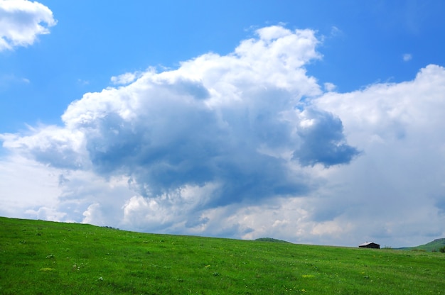 山の風景、緑の芝生のある牧草地、遠くに小さな村と丘、空に白い雲