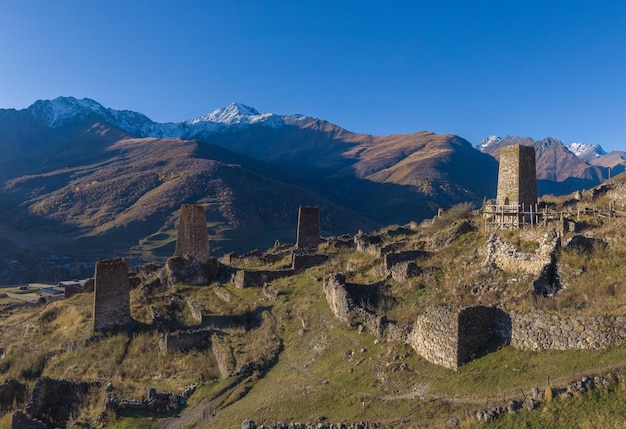 Mountain landscape and medieval architecture of North Ossetia