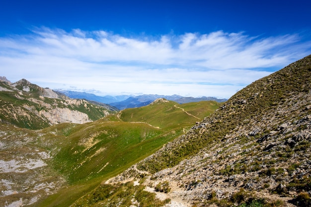 Mountain landscape and Mone Pass in Pralognan la Vanoise, French alps, France