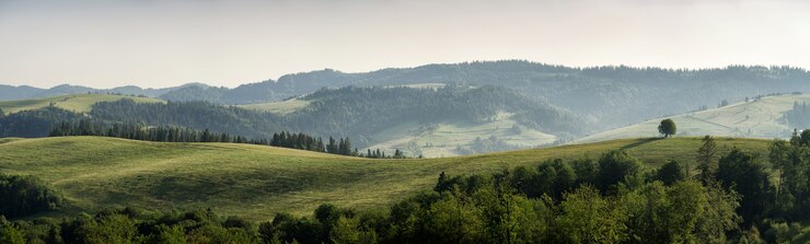 カルパティア山脈の山脈の間の朝の山の風景。パノラマ。