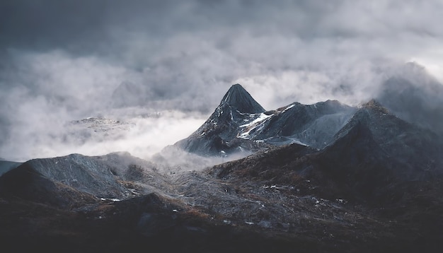 산 풍경 안개 속에서 산 꼭대기 판타지 풍경 산 바위 3D 그림