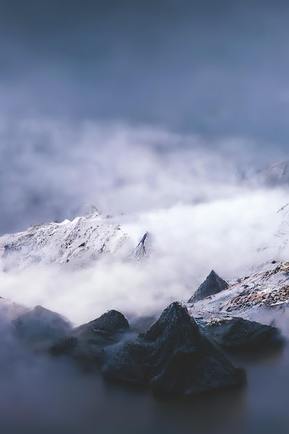 산 풍경 안개 속에서 산 꼭대기 판타지 풍경 산 바위 3D 그림