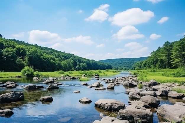 산의 풍경 산의 강 푸른 하늘