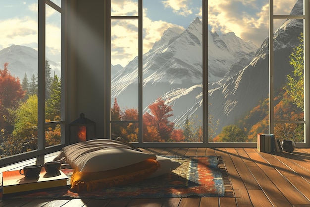 Mountain landscape outside window Outside view of bright mountains Luxury interior