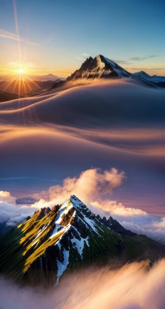 Горный пейзаж фотографирует солнечные лучи и солнечный свет над заснеженной горой с облаками в небе