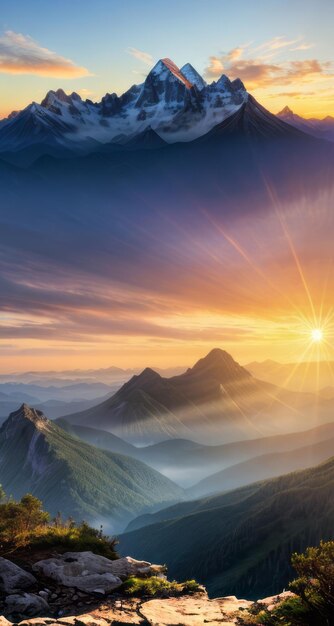 mountain landscape photograph sun rays and sun light over a snowy mountain with clouds in sky