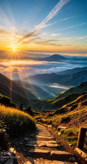 mountain landscape photograph sun rays and sun light over a snowy mountain with clouds in sky