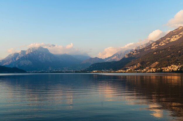 Mountain landscape picturesque mountain lake in the summer morning large panorama como italy