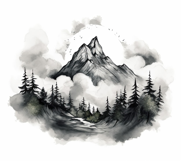 Mountain landscape in a round frame Hand drawn vector illustration