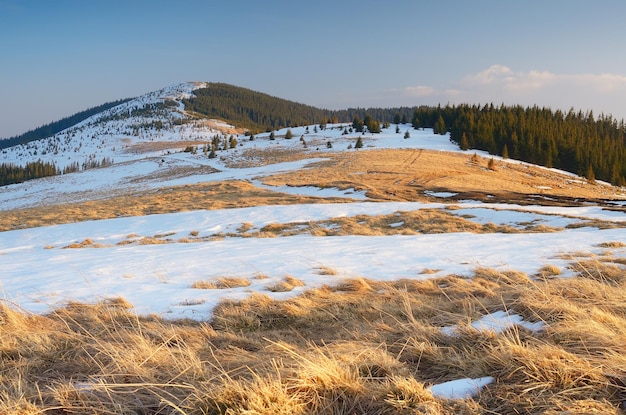 Mountain landscape in the spring. An Evening with the last rays of the sun