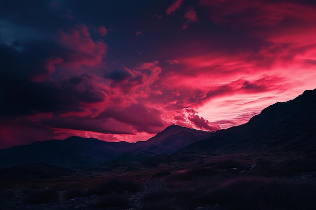 Photo mountain landscape at sunset dramatic sky with red clouds