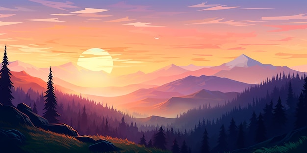 夕暮れの山の風景 生成 AI イラストレーター