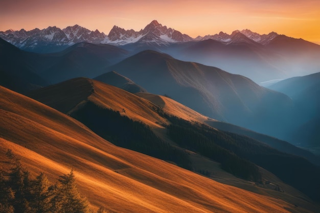 Mountain landscape at sunset golden hour