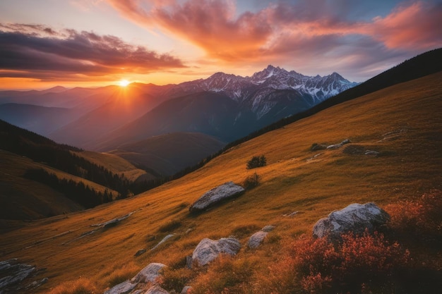 夕暮れの黄金時刻の山の風景