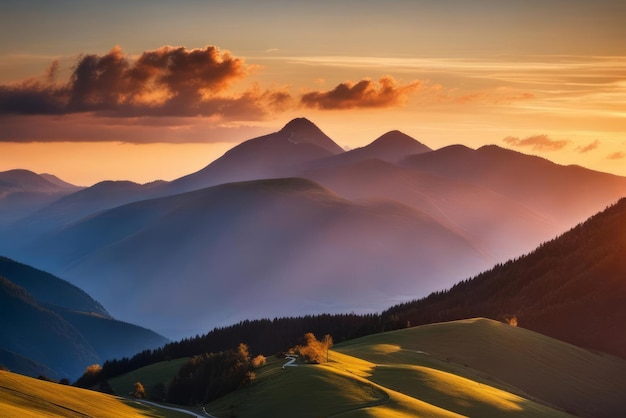 夕暮れの黄金時刻の山の風景