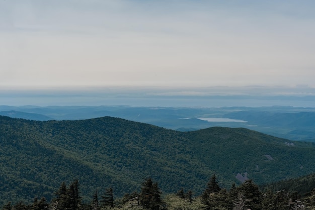 Mountain landscape View from Mount Pidan Livadia mountain peak Russia Vladivostok High quality photo