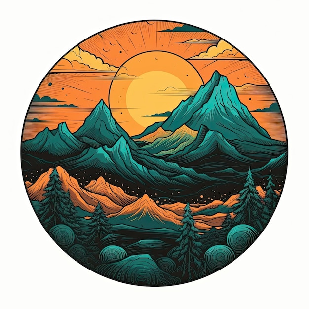 Горный пейзаж в винтажном стиле с луной и солнцем Векторная иллюстрация