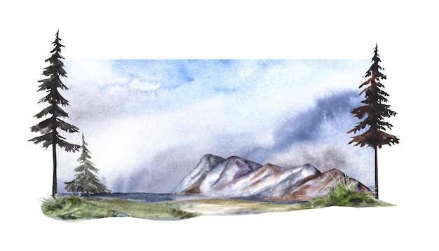 山の風景 水彩画 雪の山頂と湖と杉の木