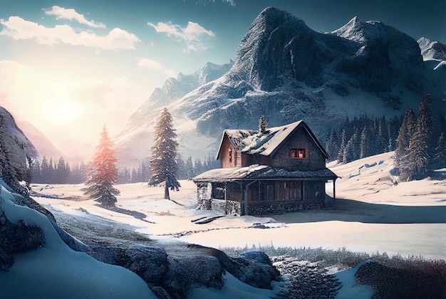 Mountain landscape in winter scenery of house in forest at sunset generative AI