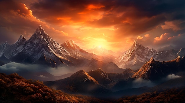 夕日が美しい山の風景 生成 AI