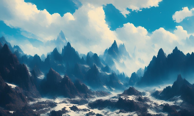 A mountain landscape with a blue sky and clouds