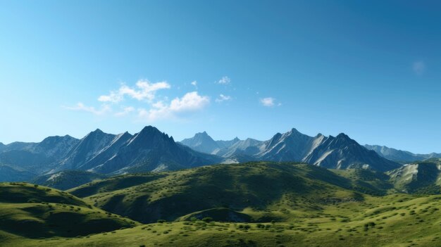 A mountain landscape with a blue sky and clouds