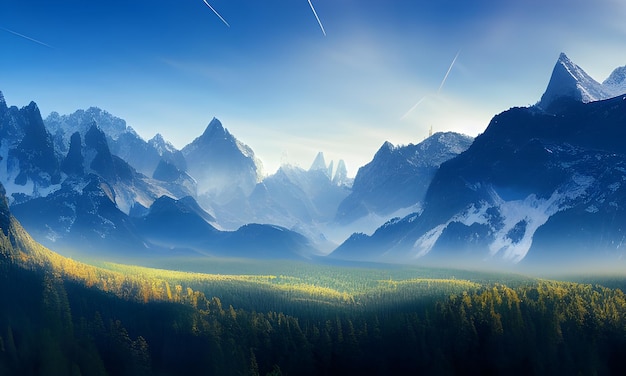 青い空と山という言葉が描かれた山の風景