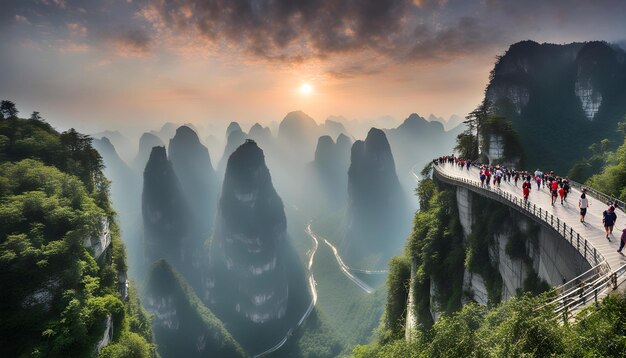 a mountain landscape with a bridge and people walking on it