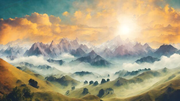 Mountain landscape with clouds and sun Panoramic view