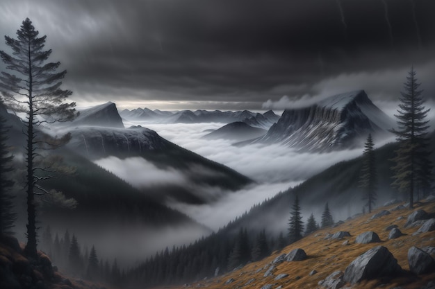 A mountain landscape with clouds and a tree on the top