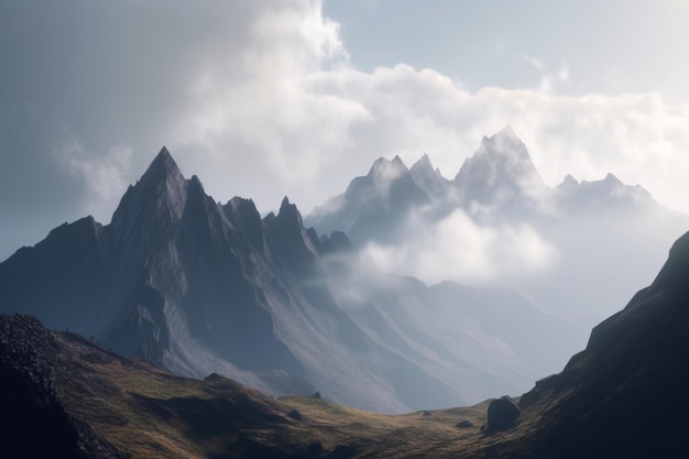 A mountain landscape with a cloudy sky and a mountain in the background.