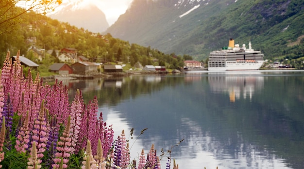 Mountain landscape with cruise ship and pink lupine, norway