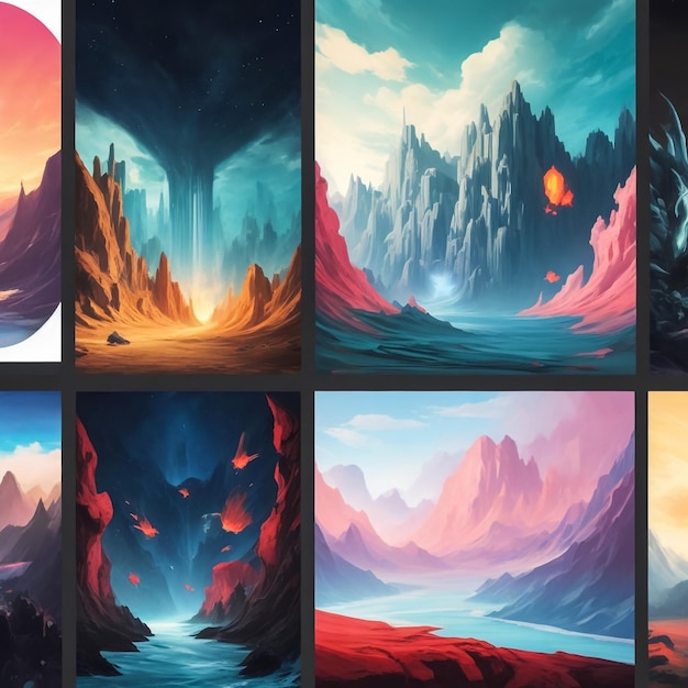 Mountain landscape with dawn scandinavian style landscapes vector illustration set of mountain la