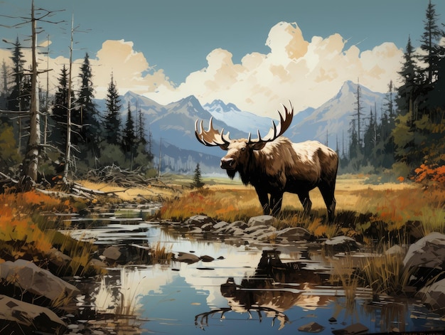 Photo mountain landscape with elk in the water digital painting