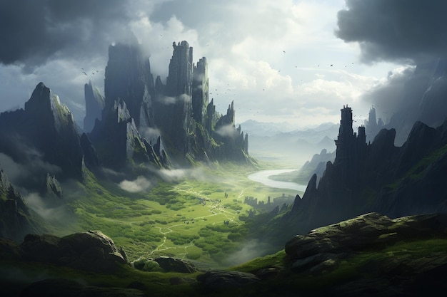 Mountain landscape with fantasy style scene