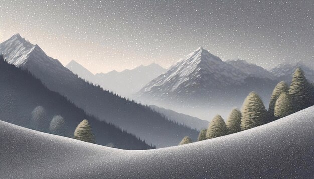 Photo mountain landscape with fir trees in the snow digital painting