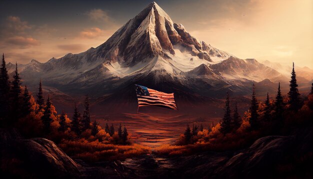 A mountain landscape with a flag in the foreground and a mountain in the background.