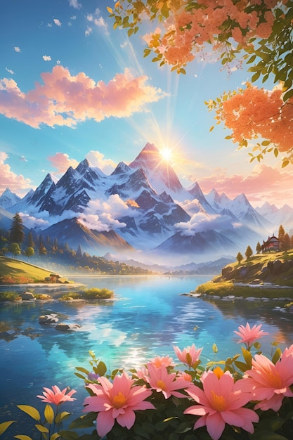 Mountain landscape with flowers and lake at sunset Digital painting